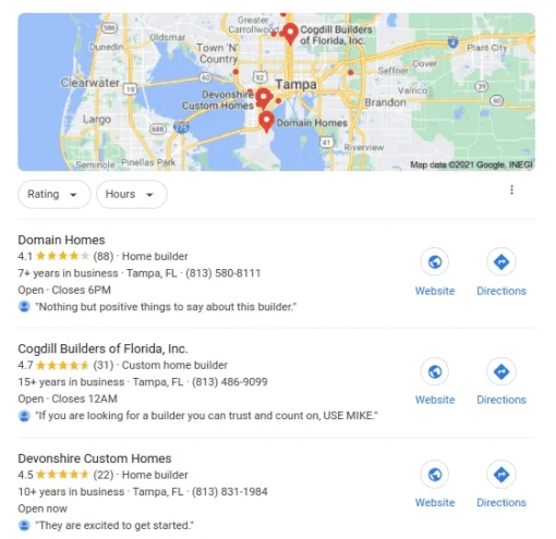Google My Business map pack example for construction company